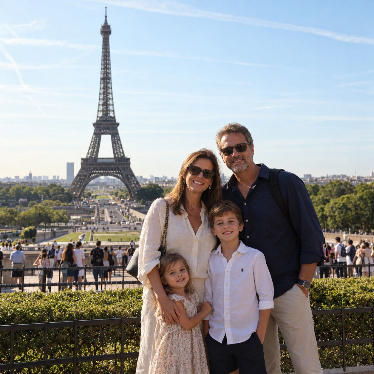 Emma with her family by the Seine, the Eiffel Tower behind them